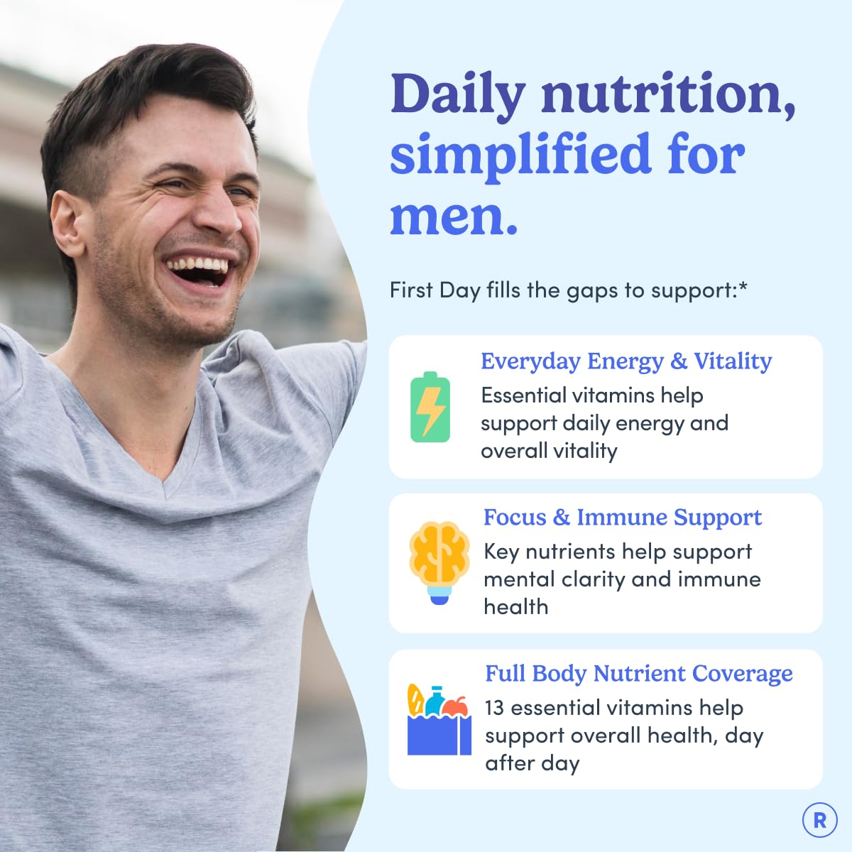 First Day men’s multivitamin bottle side view for convenient daily intake