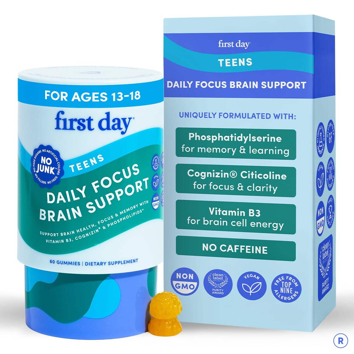 First Day teen brain focus gummies bottle highlighting concentration support.