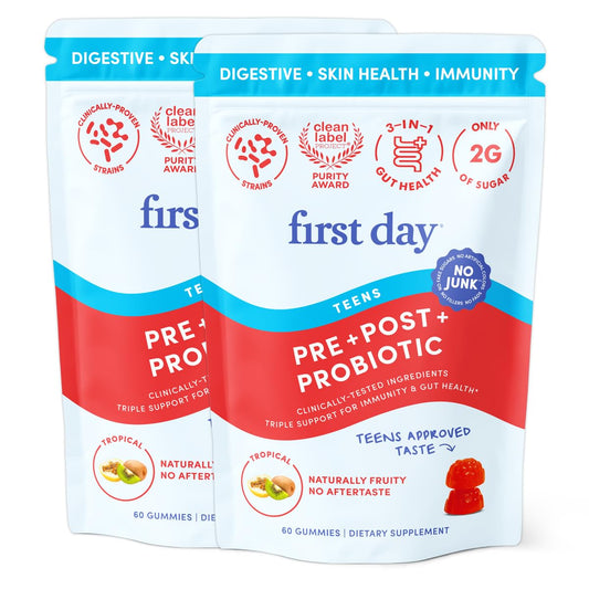 FIRST DAY Teens Gut Sustainer gummies bottle highlights convenient 60-day supply for teen gut balance