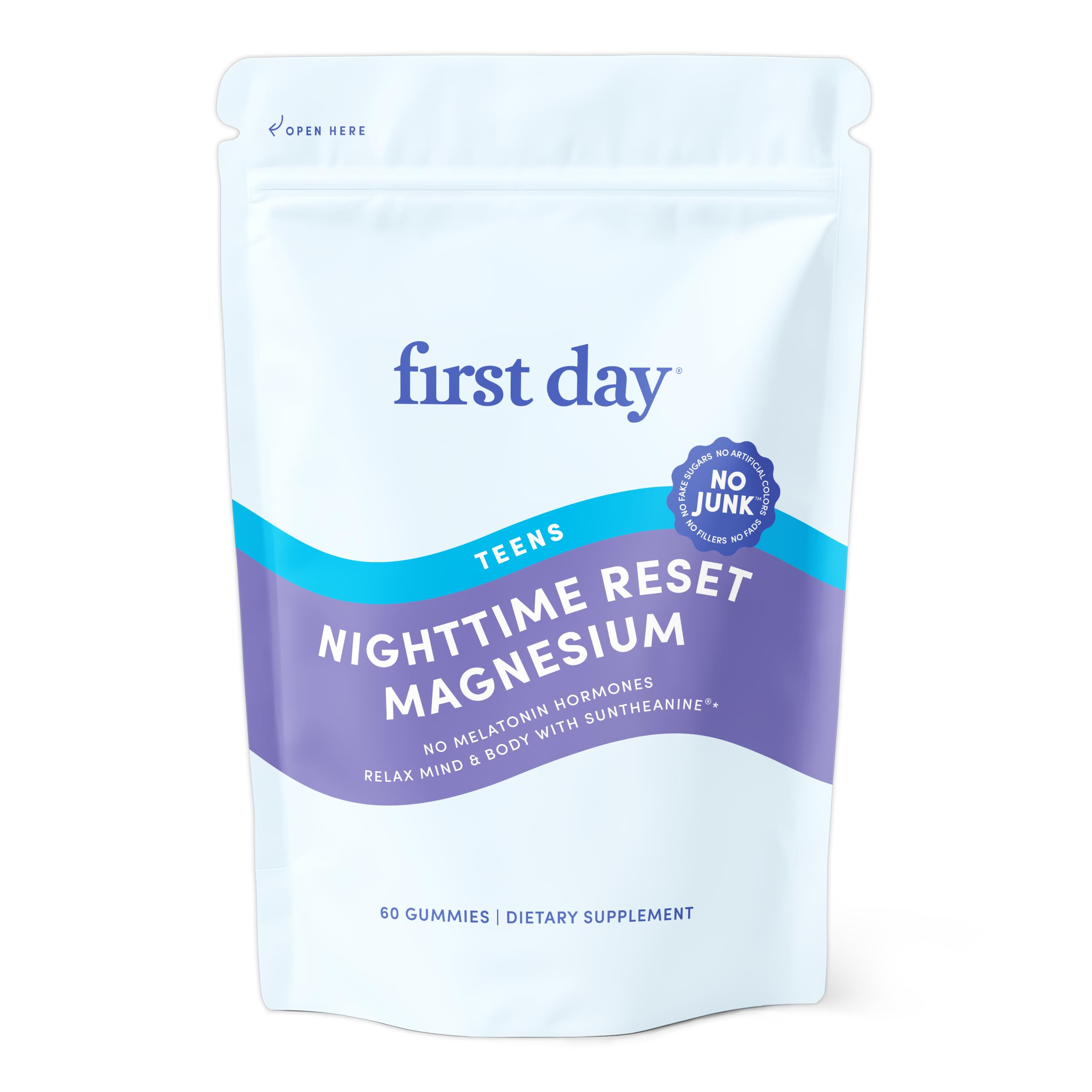 First Day Teens' Nighttime Reset bottle on nightstand promotes calm pre-sleep routine