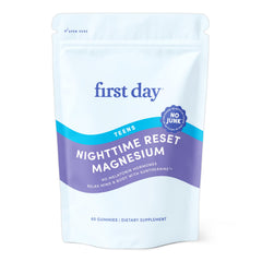 First Day Teens' Nighttime Reset bottle on nightstand promotes calm pre-sleep routine