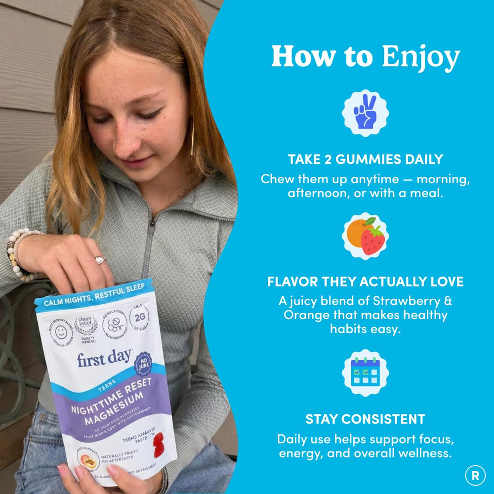 First Day Teens' Nighttime Reset mood calm illustration promoting restful evenings.