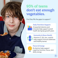 First Day Teens organic fruit and veggie blend label highlights real-food nutrition.