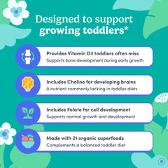 First Day Toddler Multivitamin Gummies beside cereal highlights kid-friendly flavor