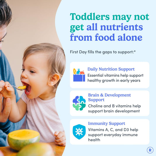 First Day Toddler Multivitamin Gummies bottle back shows ingredients and allergen information