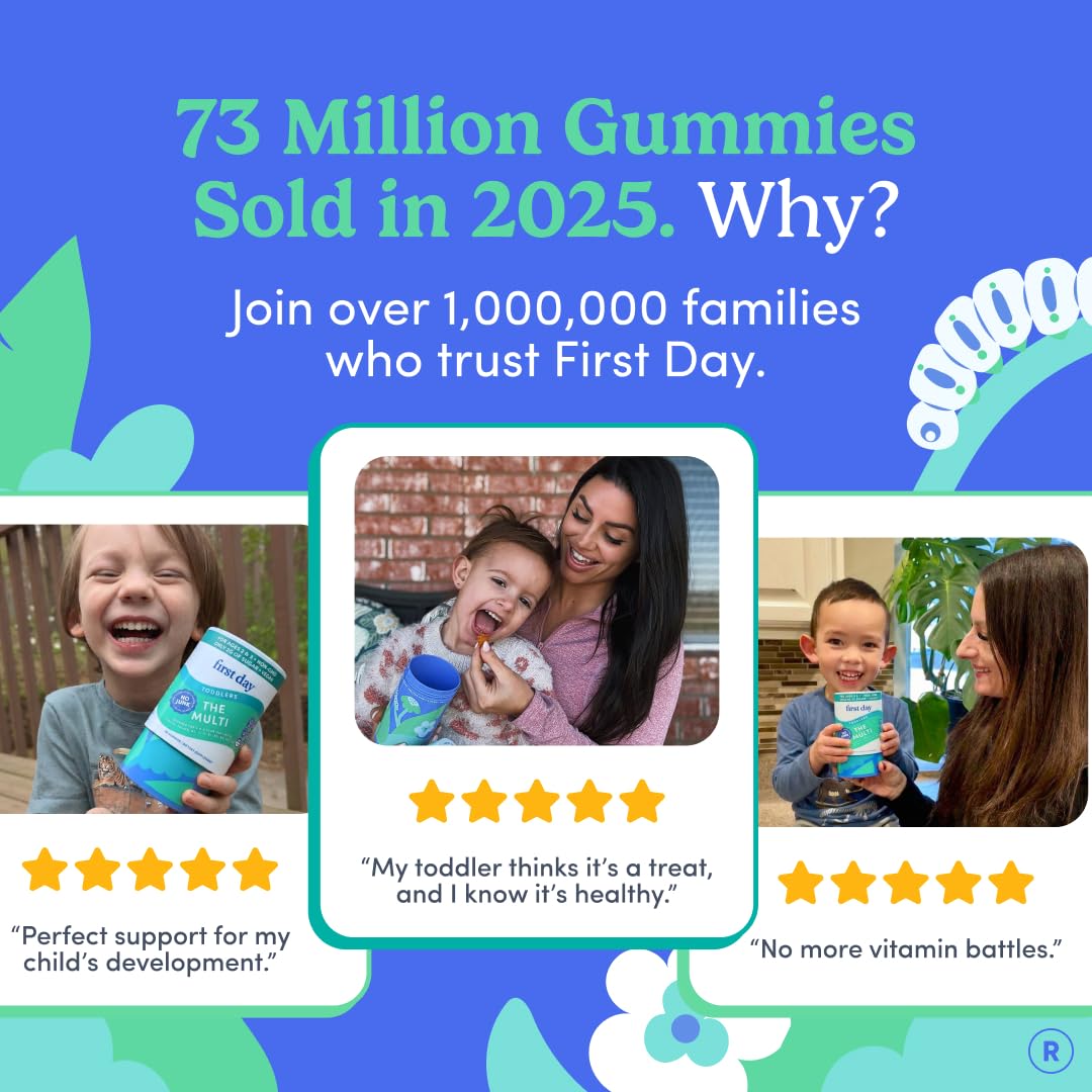 First Day Toddler Multivitamin Gummies colorful bottle label close-up highlights kid-friendly nutrition