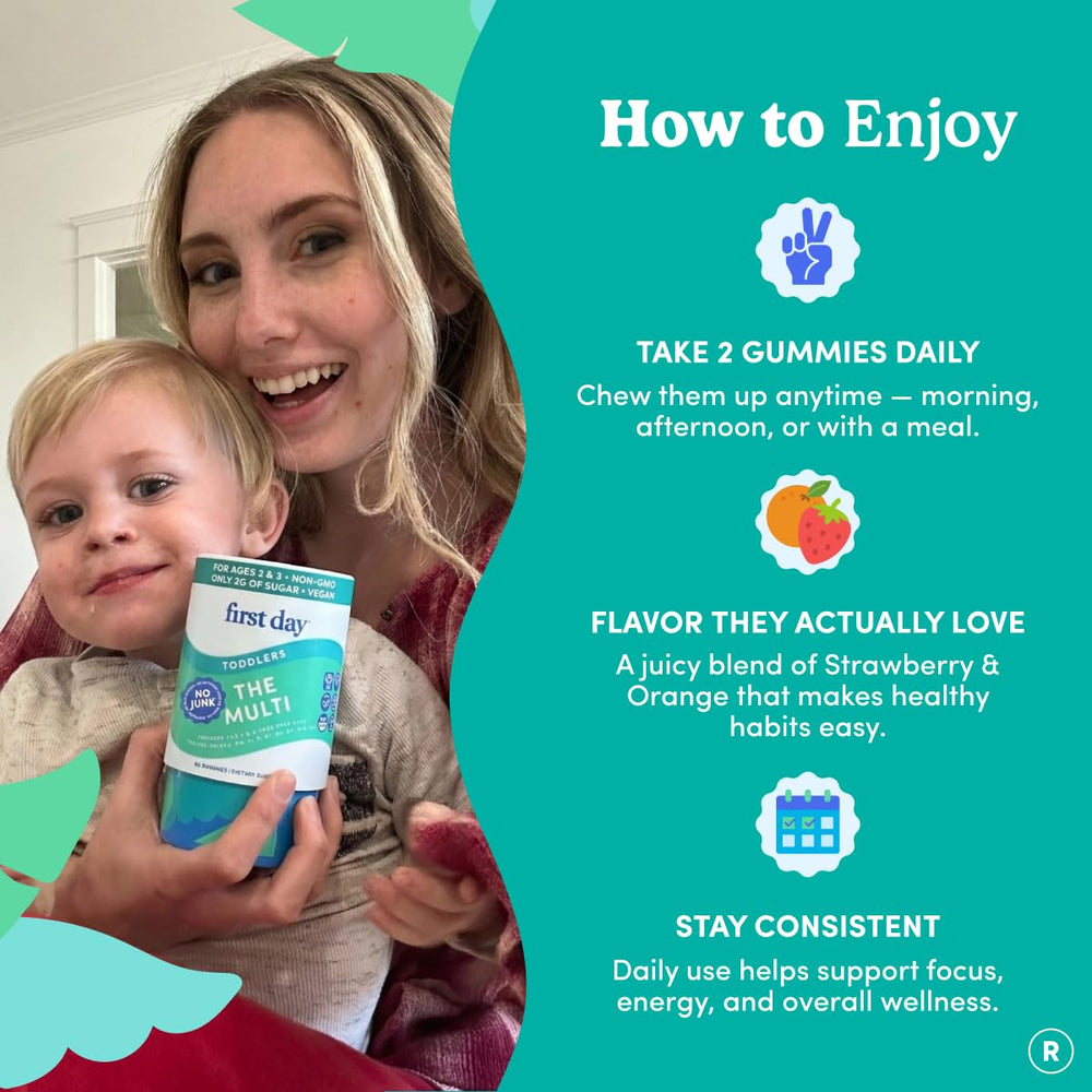 First Day Toddler Multivitamin Gummies cozy kitchen scene supports daily routine