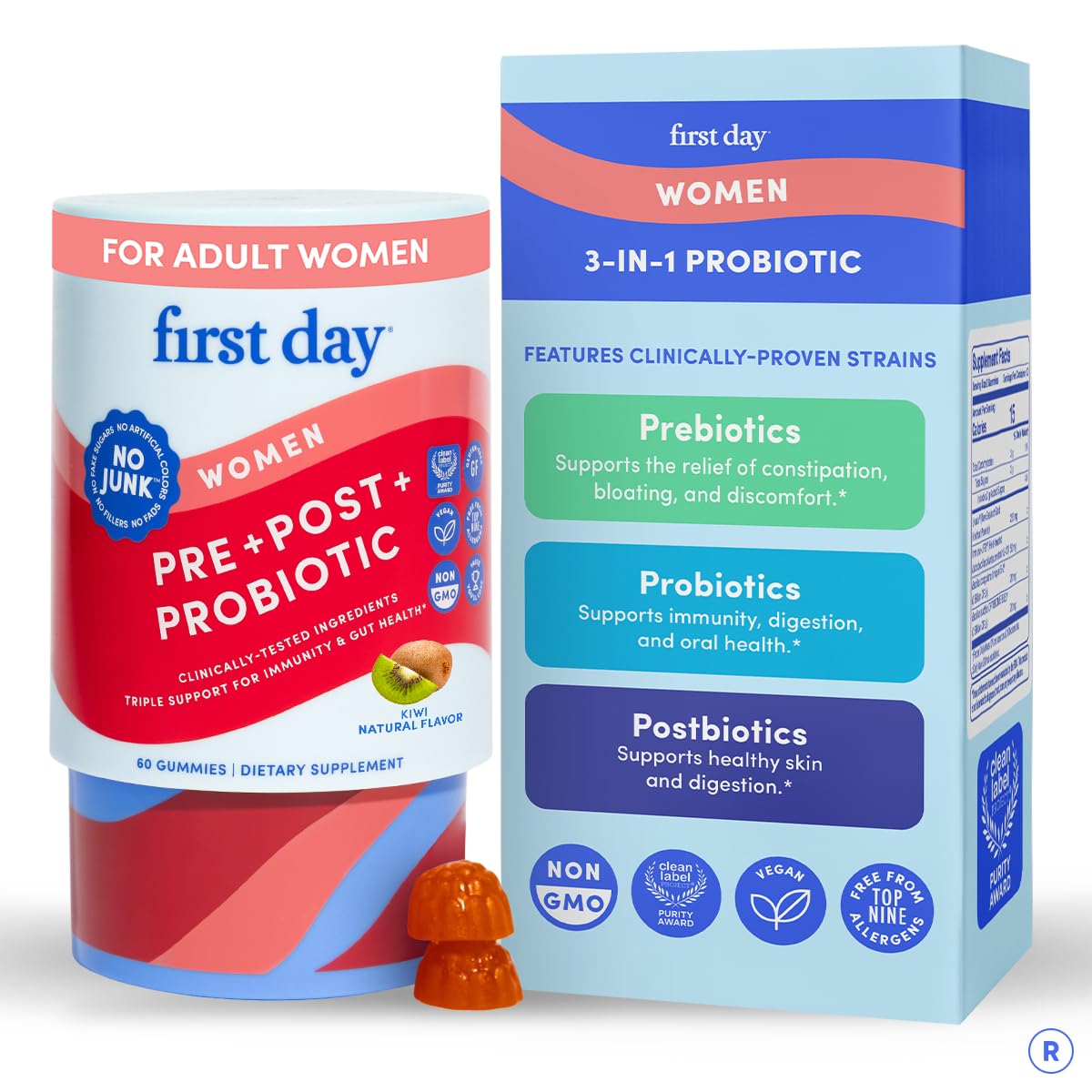 FIRST DAY 3-in-1 probiotic gummies package highlights natural ingredients for digestive support.