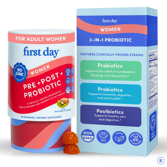 FIRST DAY 3-in-1 probiotic gummies package highlights natural ingredients for digestive support.