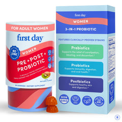 FIRST DAY 3-in-1 probiotic gummies package highlights natural ingredients for digestive support.