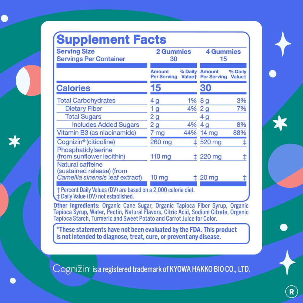 First Day Brain Gummies peach flavor close-up suggests daytime clarity.