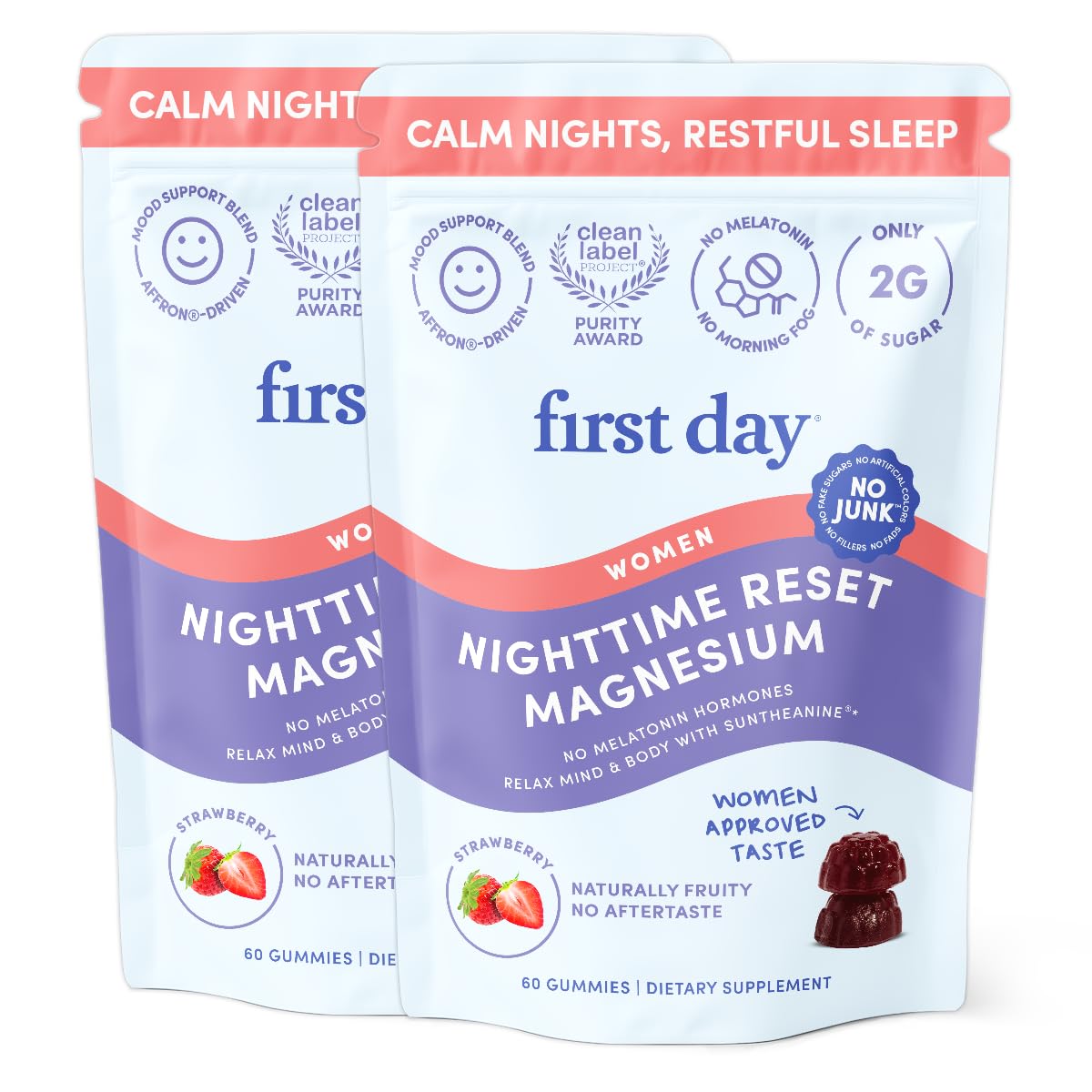First Day Women's Nighttime Reset gummies bottle promotes calm nights.