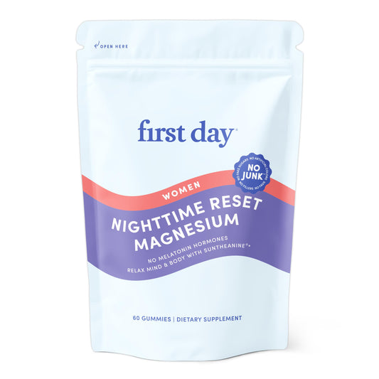 First Day Women's Nighttime Reset gummies bottle shows calm, sleep-friendly packaging.