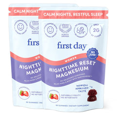 First Day Women's Nighttime Reset gummies bottle promotes calm nights.