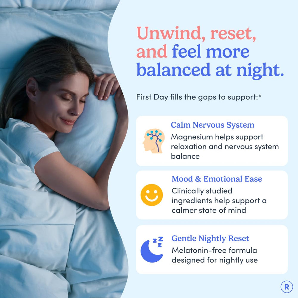 First Day Women's Nighttime Reset gummies label highlights magnesium and L-theanine for relaxation.