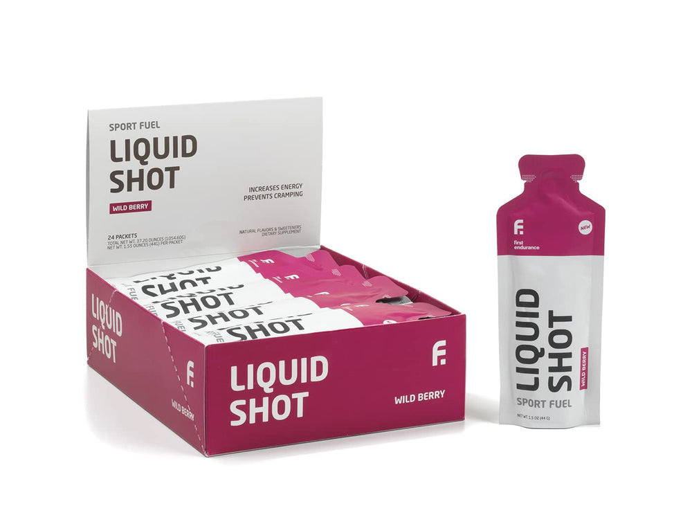 First Endurance Liquid Shot bottle being poured for fast, gut-friendly energy.