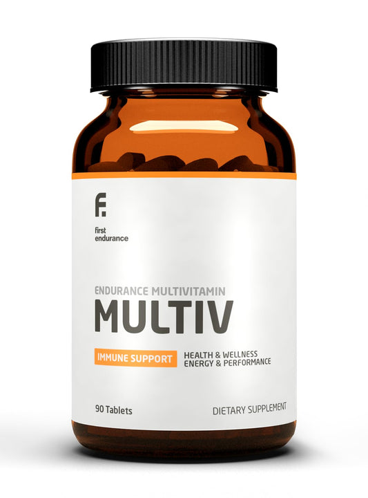 First Endurance MultiV bottle front view for immune health and daily energy support.