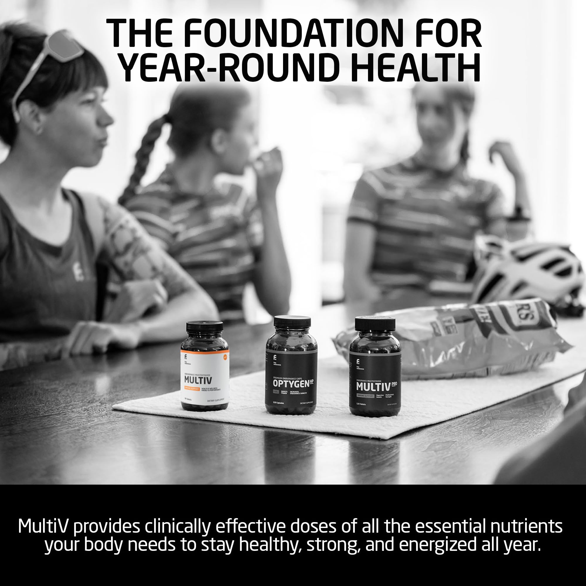 First Endurance MultiV bottle beside a shake, illustrating daily supplementation for training.
