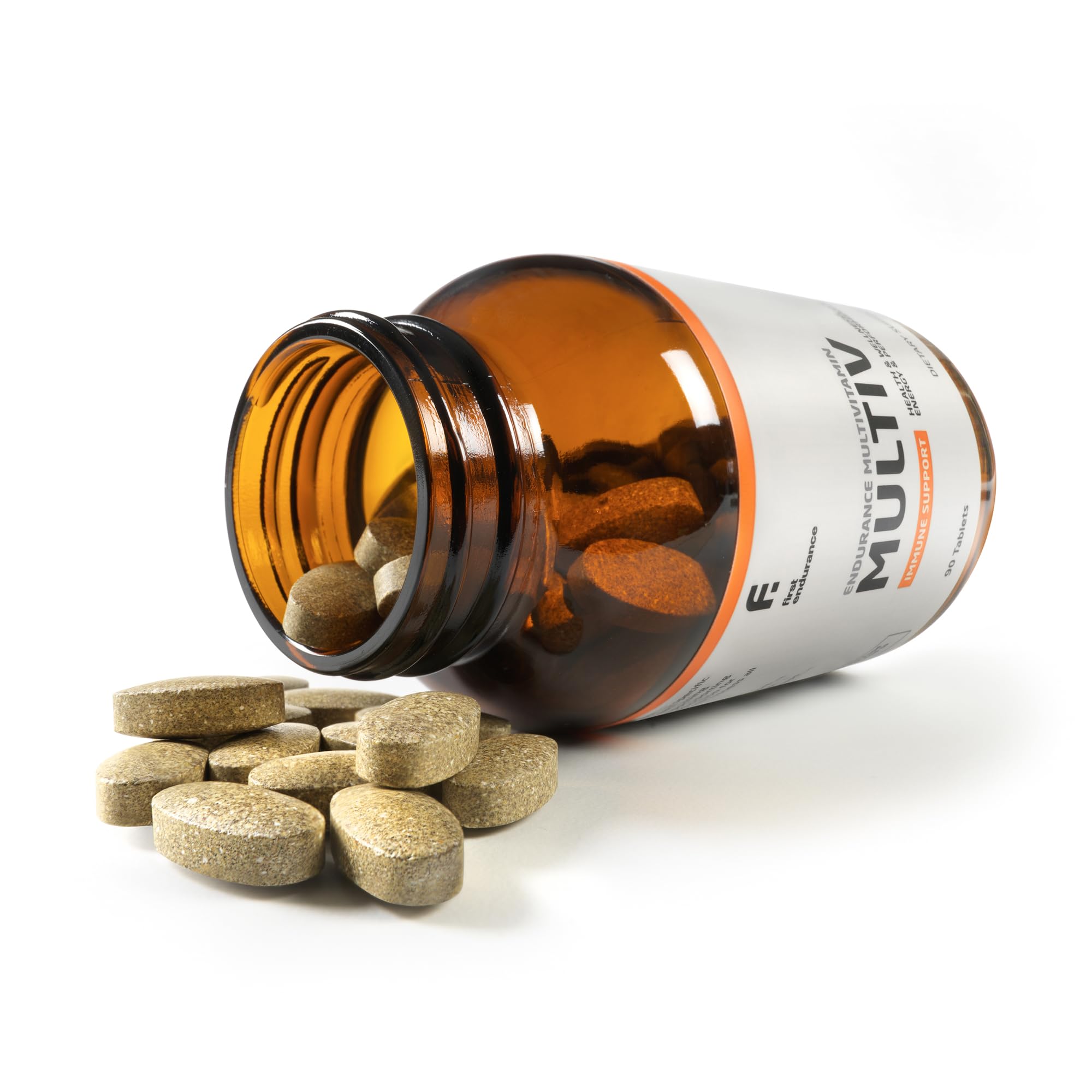 Close-up of First Endurance MultiV tablets for athletes and energy metabolism.