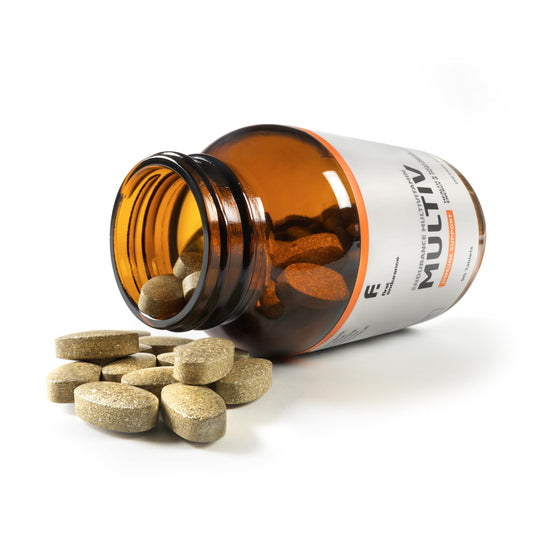 Close-up of First Endurance MultiV tablets for athletes and energy metabolism.