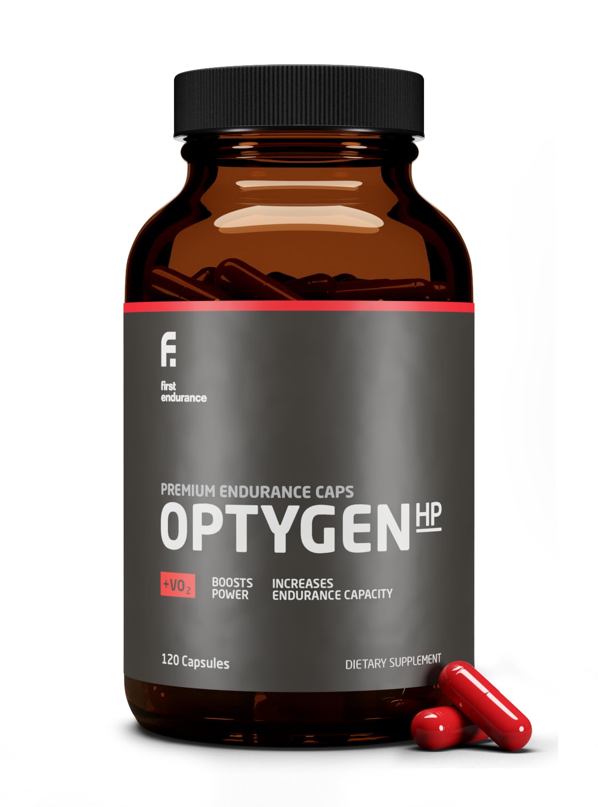 FIRST ENDURANCE OptygenHP bottle close-up showing premium endurance formula for energy.