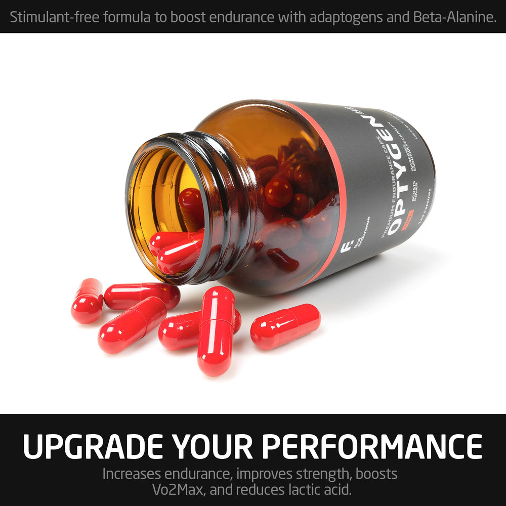 Gym setup featuring FIRST ENDURANCE OptygenHP supplement for power and stamina.