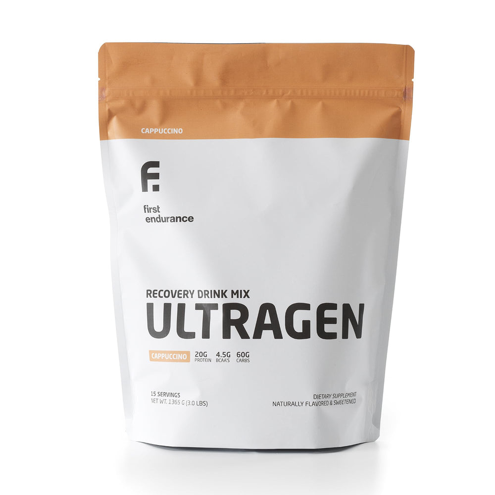 FIRST ENDURANCE Ultragen recovery drink powder cappuccino visual, post-workout refueling support