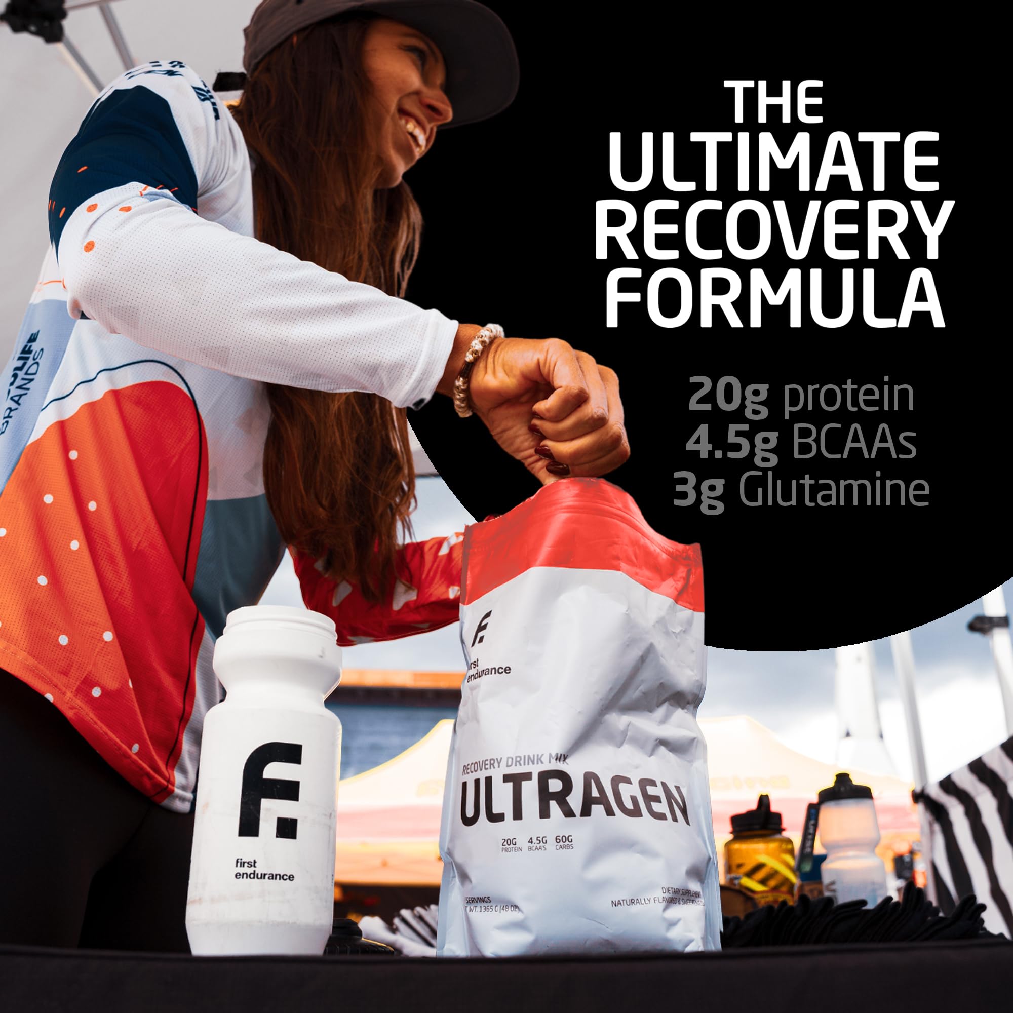 Recovery scene with Ultragen shake on a gym bench.