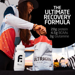 Recovery scene with Ultragen shake on a gym bench.