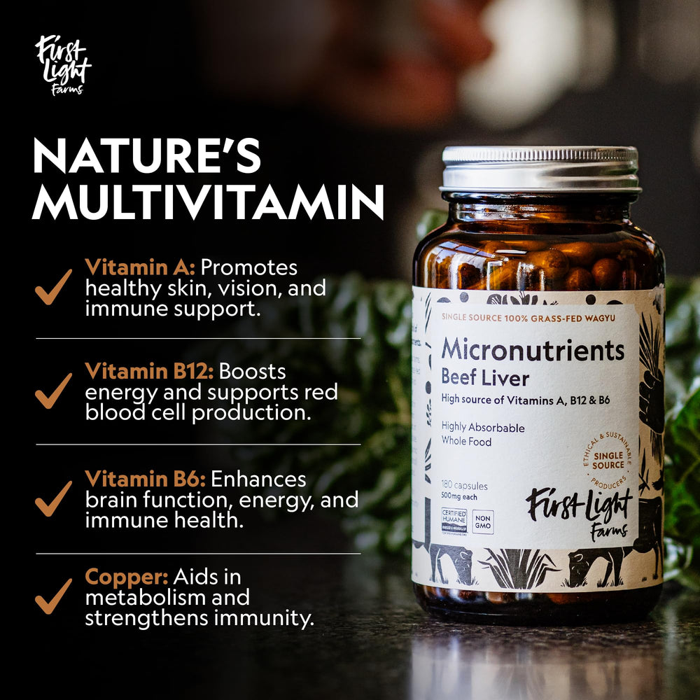 First Light Beef Liver Capsules packaging highlights grass-fed sourcing and humane methods.