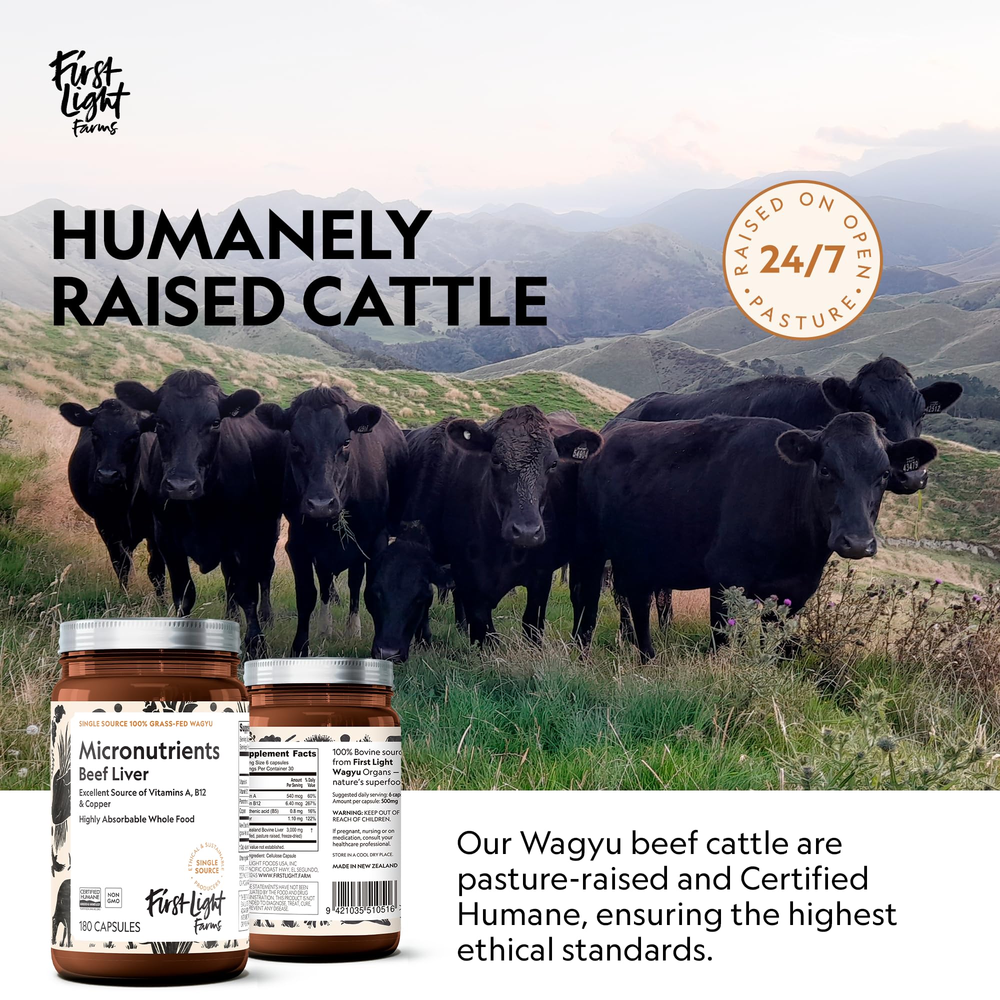 First Light humane certification seal confirms ethical sourcing and quality.
