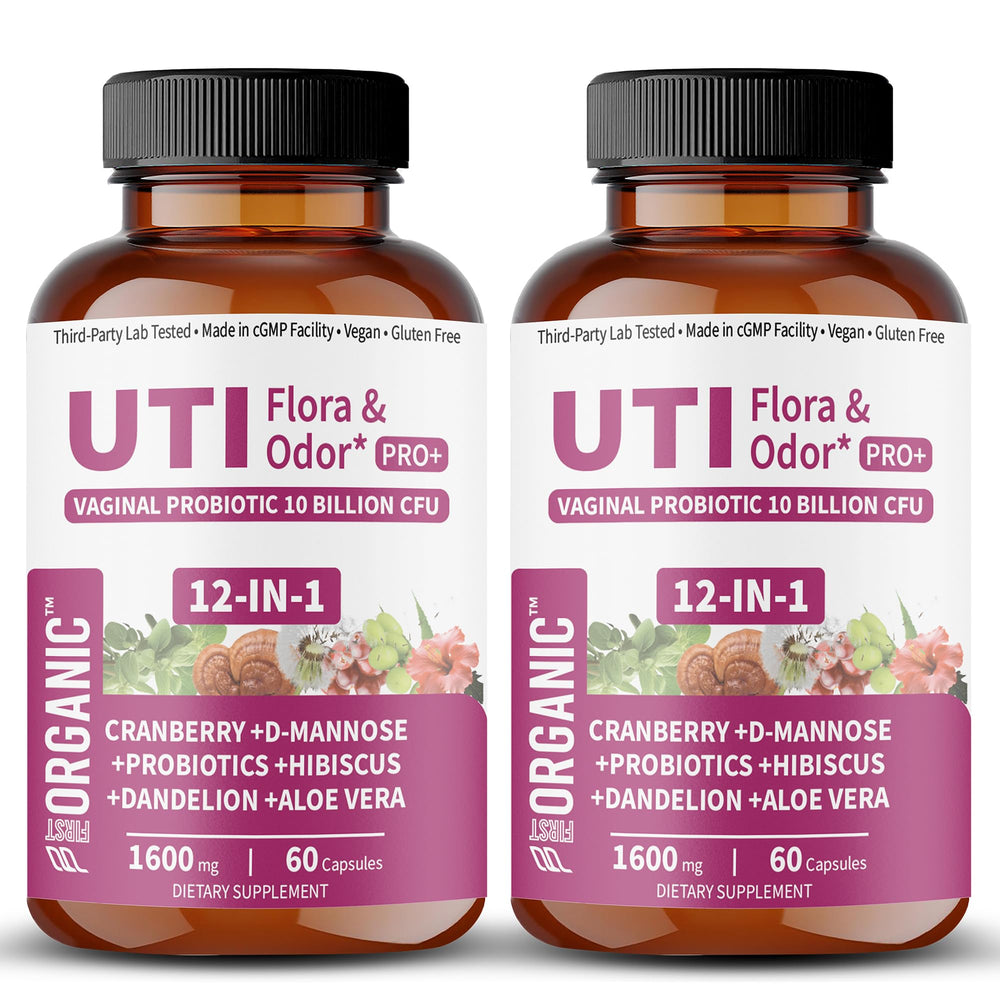 FirstOrganic UTI Flora & Odor Pro+ bottle closeup for daily balance support