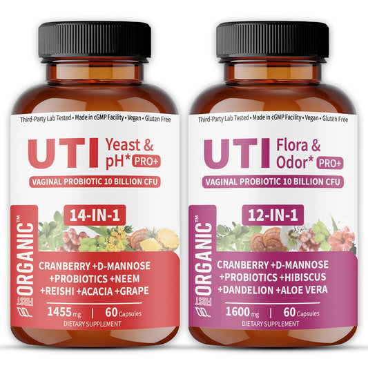 FIRSTORGANIC UTI Flora & Odor Pro+ cranberry and D-Mannose capsules for daily balance.