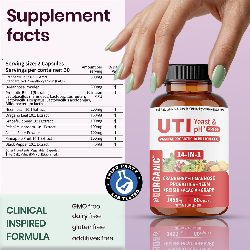 FIRSTORGANIC UTI Flora & Odor Pro+ Neem and Oregano with natural extracts for balance.