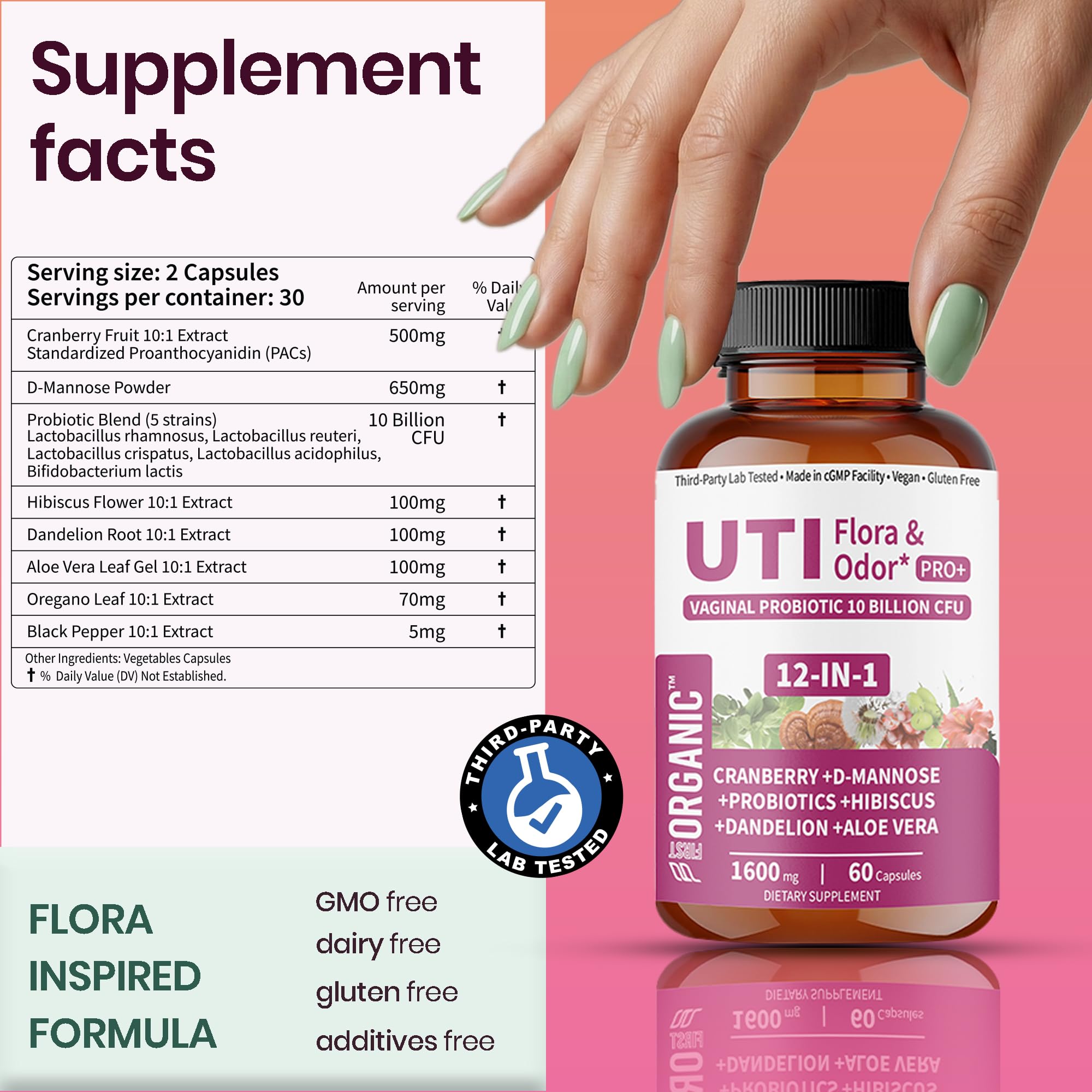 FIRSTORGANIC UTI Flora & Odor Pro+ vaginal probiotics (10 Billion CFUs) for resilient wellness.