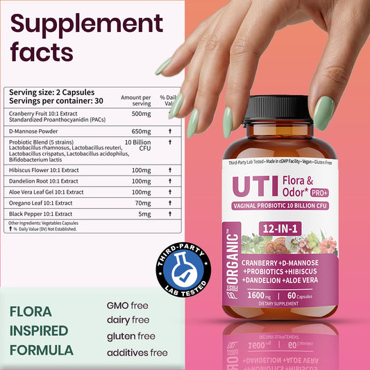 FIRSTORGANIC UTI Flora & Odor Pro+ vaginal probiotics (10 Billion CFUs) for resilient wellness.