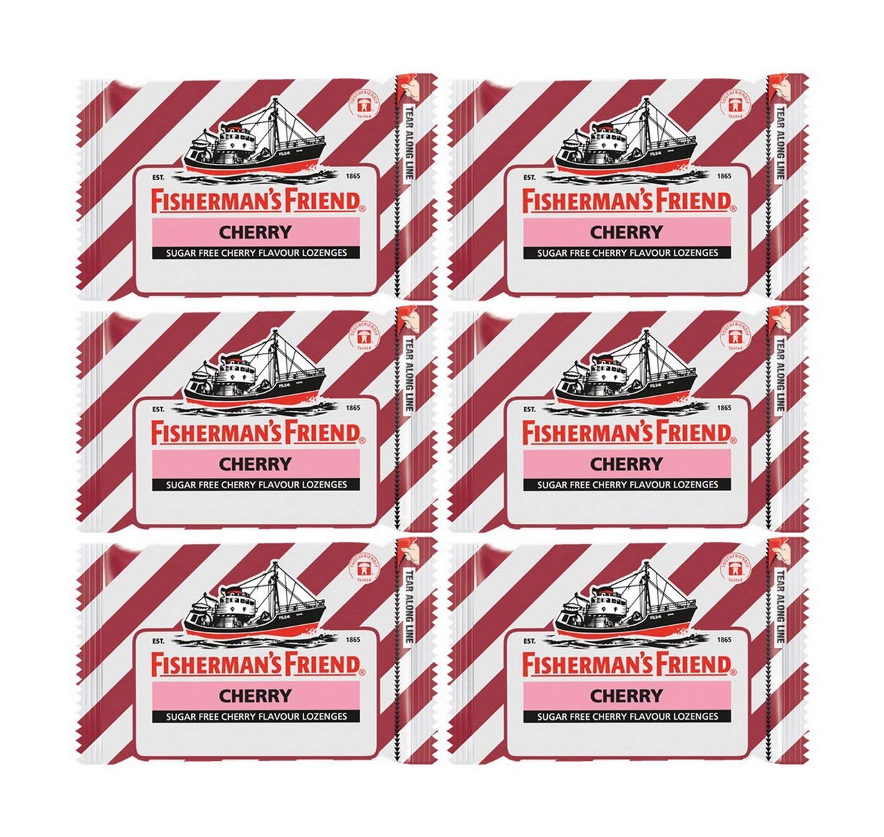 Fisherman's Friend cherry sugar-free lozenges pack of 6 with a refreshing cherry aroma.