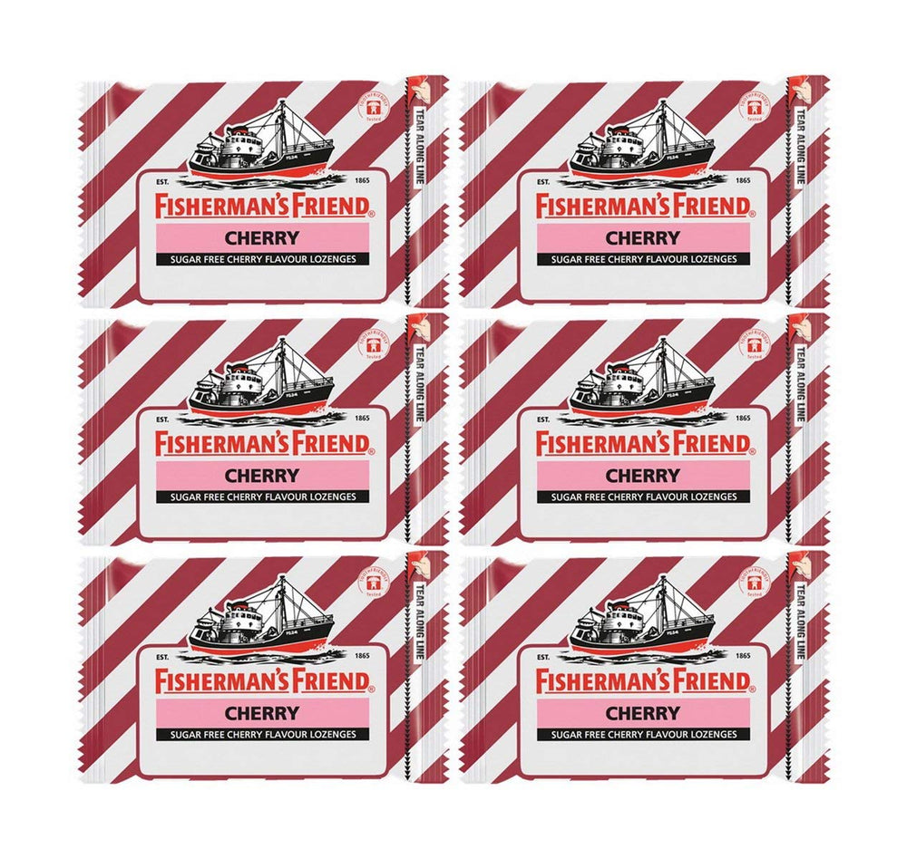 Fisherman's Friend cherry sugar-free lozenges pack of 6 with a refreshing cherry aroma.