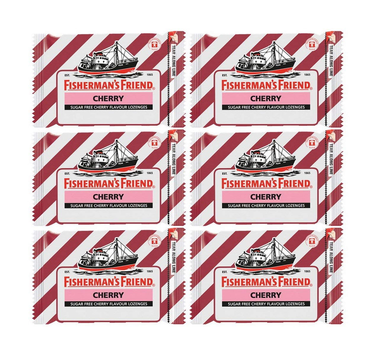 Fisherman's Friend cherry sugar-free lozenges pack of 6 with a refreshing cherry aroma.