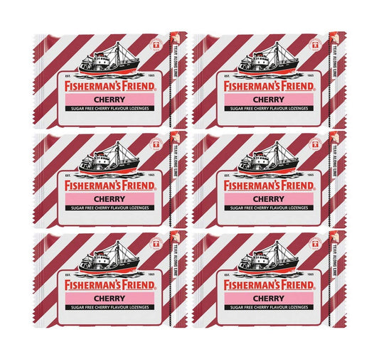 Fisherman's Friend cherry sugar-free lozenges pack of 6 with a refreshing cherry aroma.