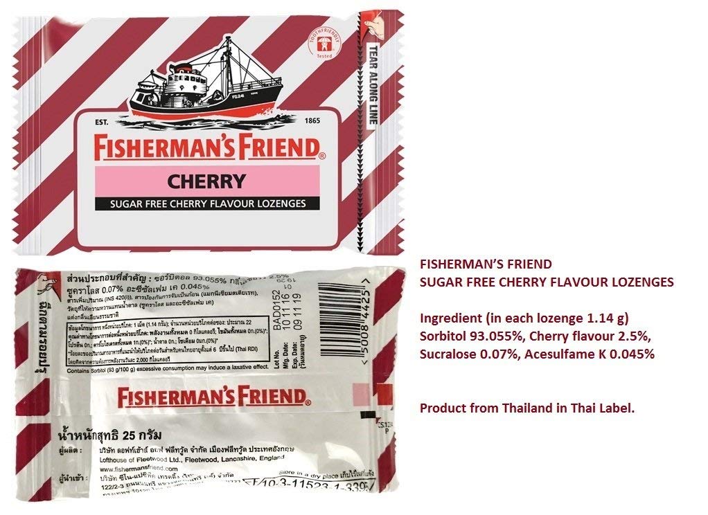 On-the-go Fisherman's Friend cherry sugar-free lozenges in a reclosable bag for quick relief.