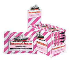 Fisherman's Friend Raspberry Sugar Free pack front for on-the-go refreshment.