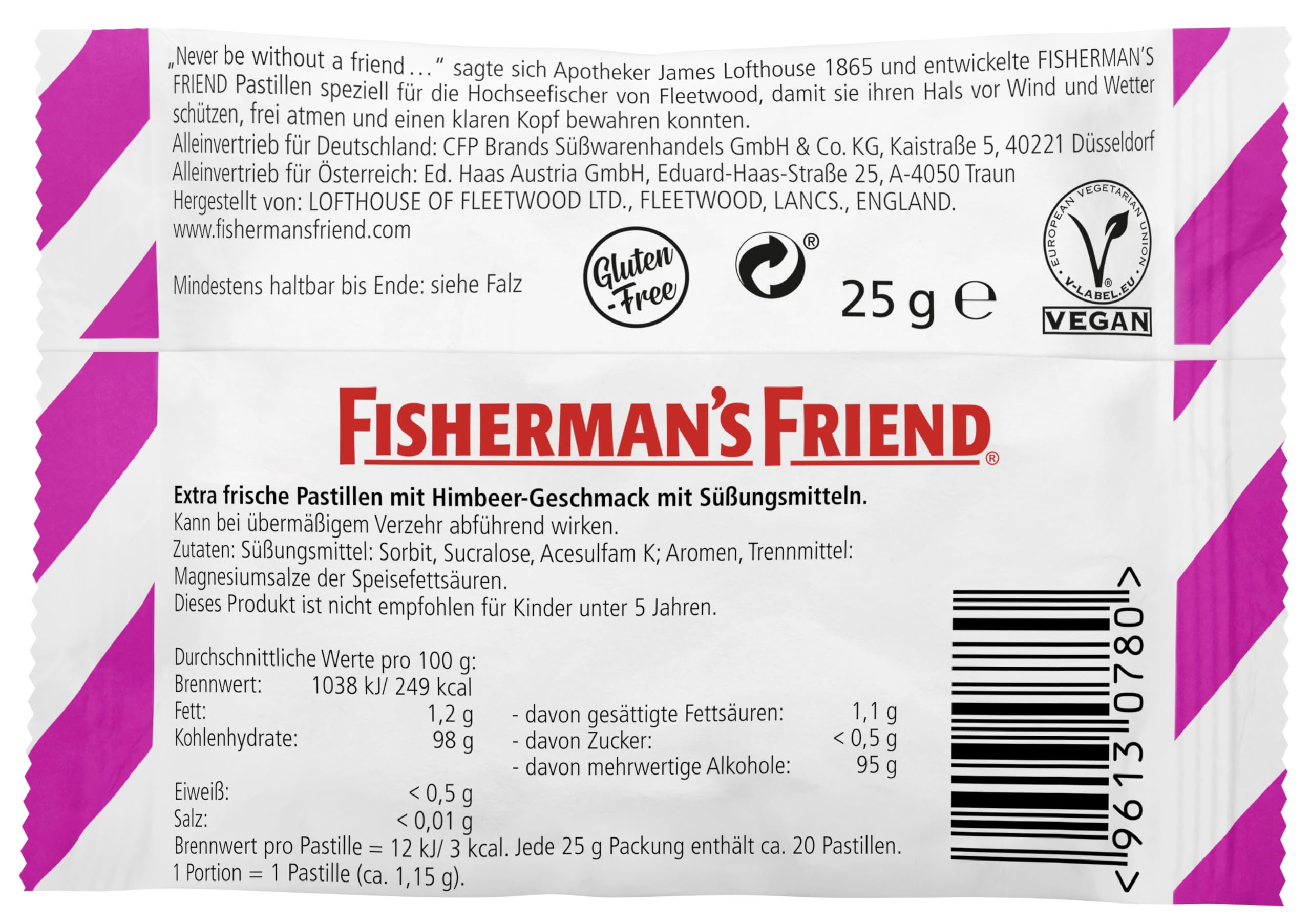 Fisherman's Friend Raspberry Sugar Free label with raspberry color accents.