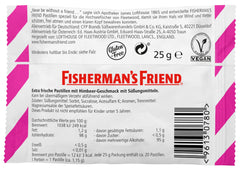 Fisherman's Friend Raspberry Sugar Free label with raspberry color accents.