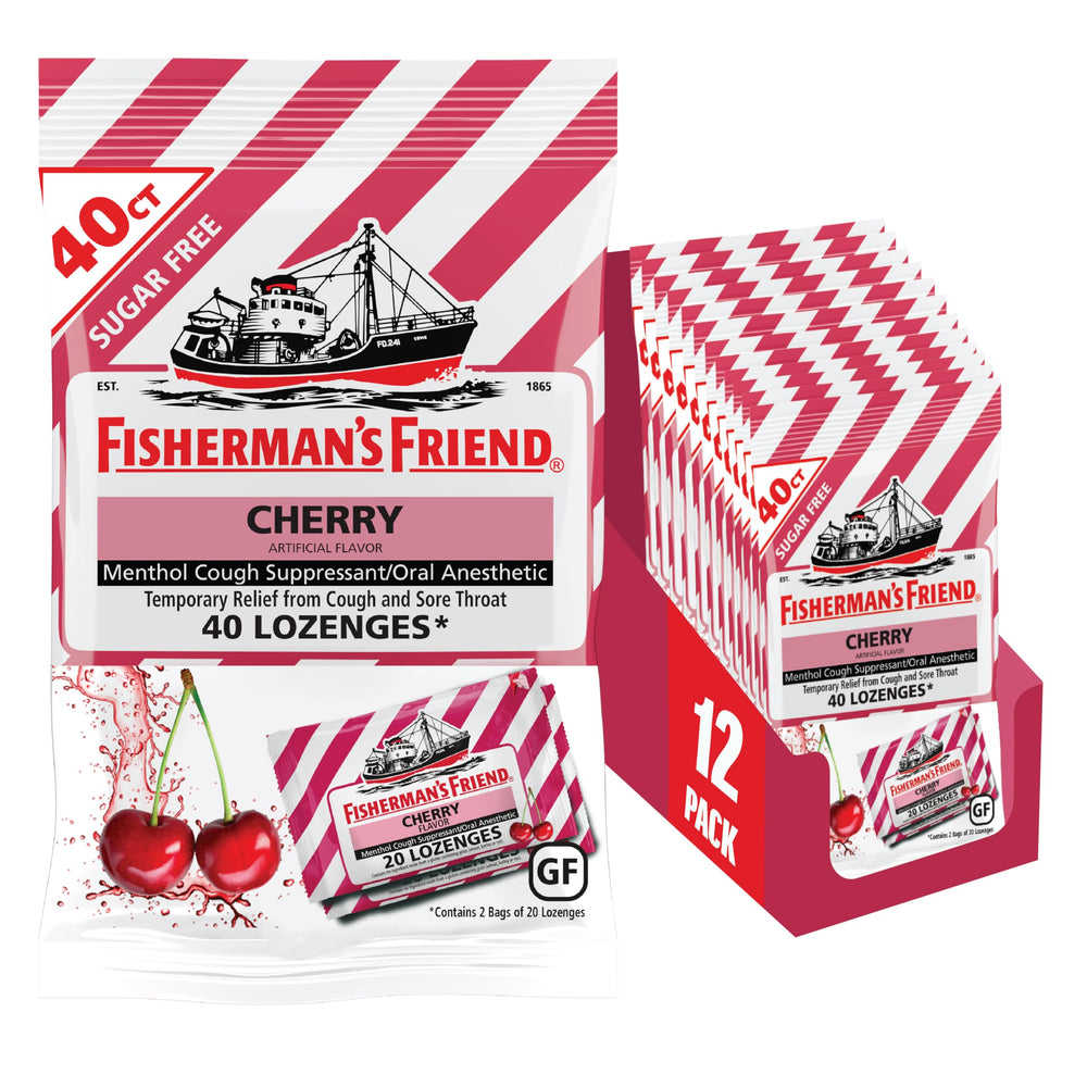Fisherman's Friend sugar-free cherry lozenges front view for quick throat relief