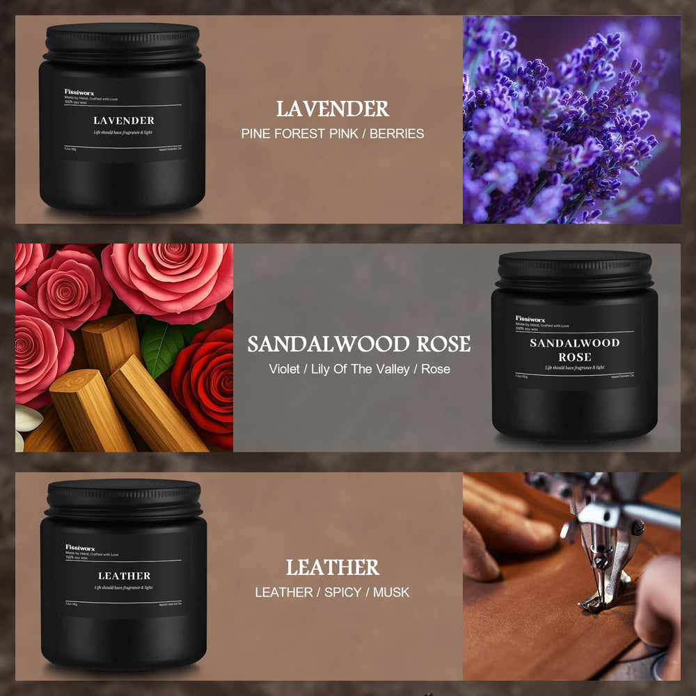 Fissiworx sandalwood rose candle in black jar for warm, earthy fragrance