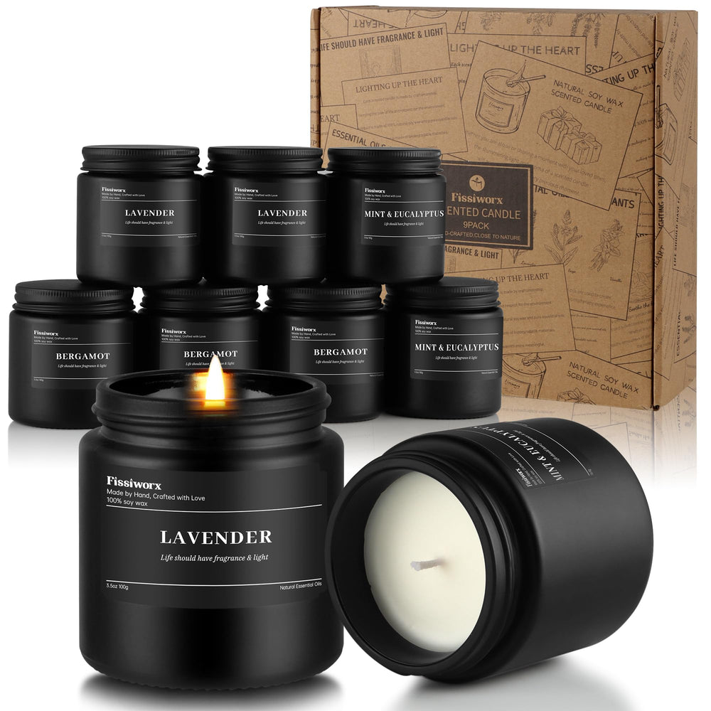 Fissiworx 9-pack lavender candle jar for calming ambiance.