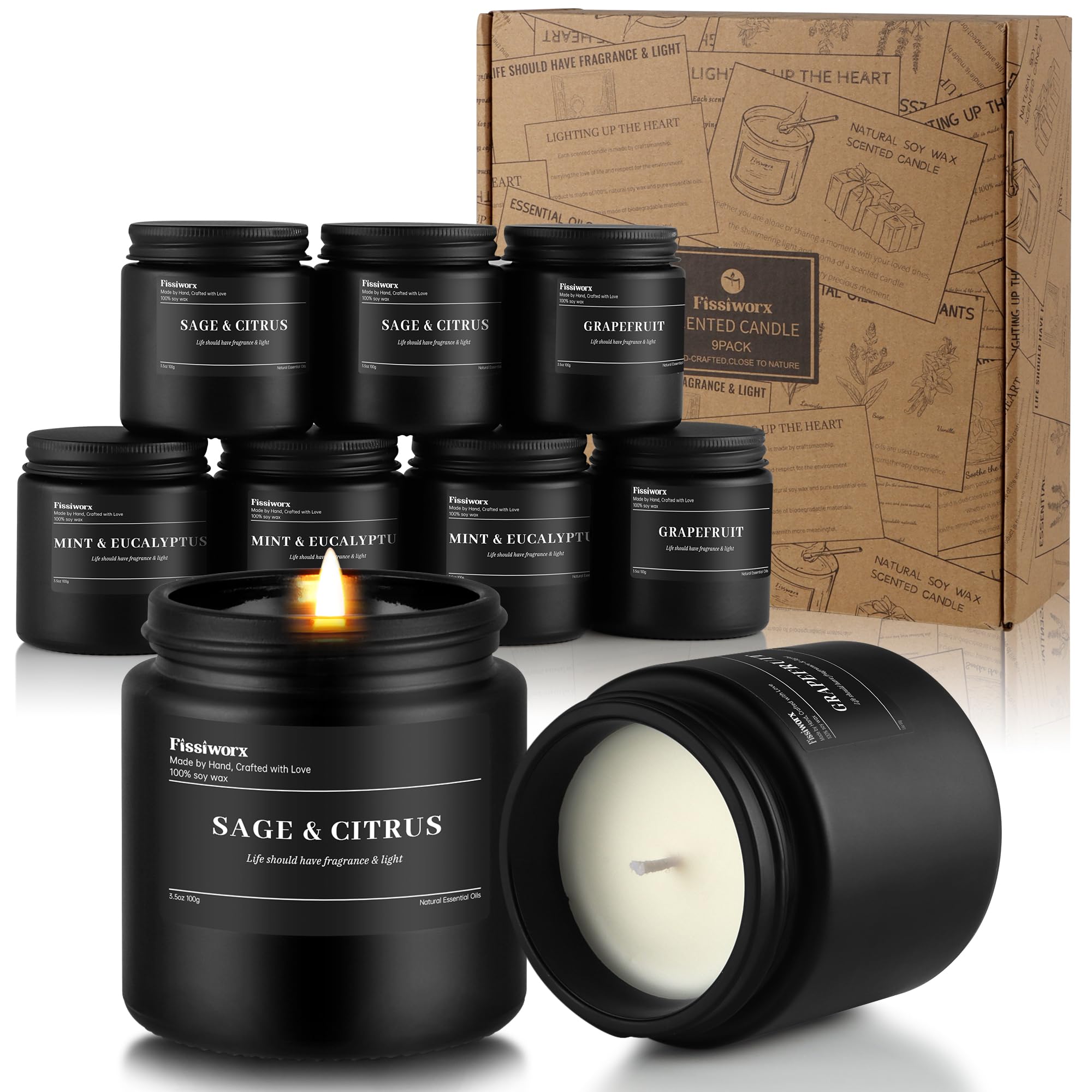 Fissiworx 9-pack mint-eucalyptus candle in a sleek black jar for refreshing spaces