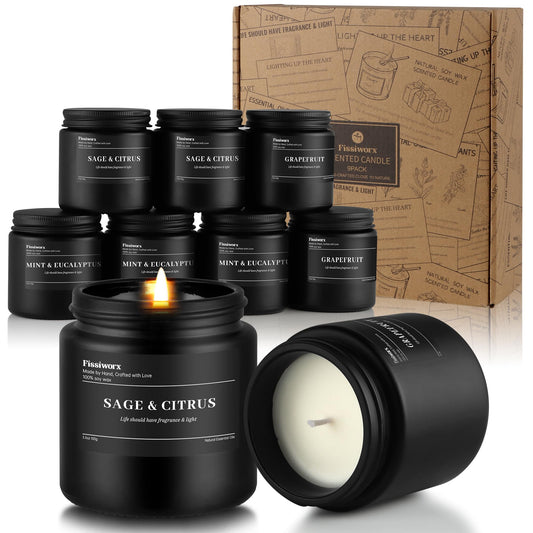 Fissiworx 9-pack mint-eucalyptus candle in a sleek black jar for refreshing spaces