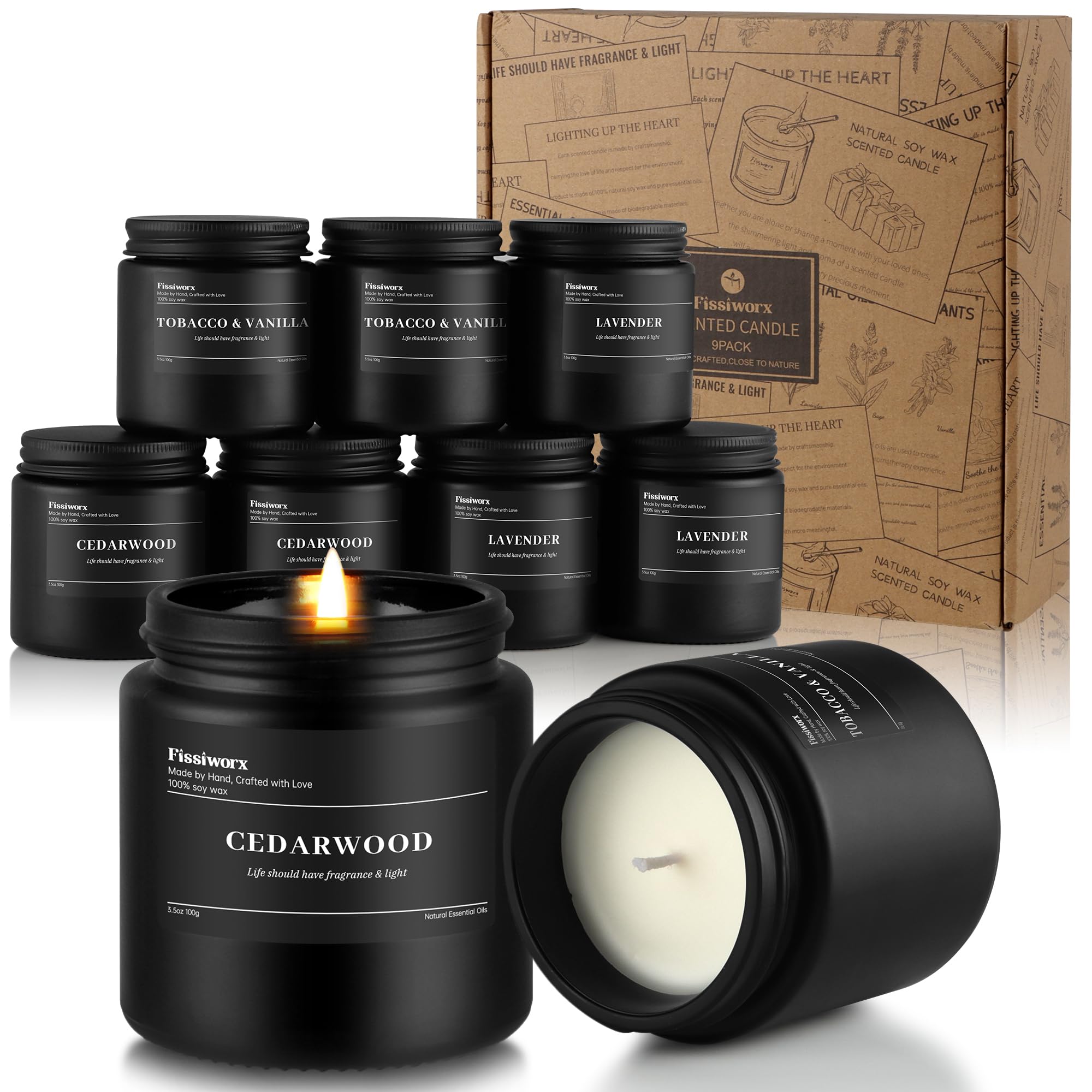 FissiWorx 9-pack Tobacco-Vanilla candle in a black jar for cozy spaces